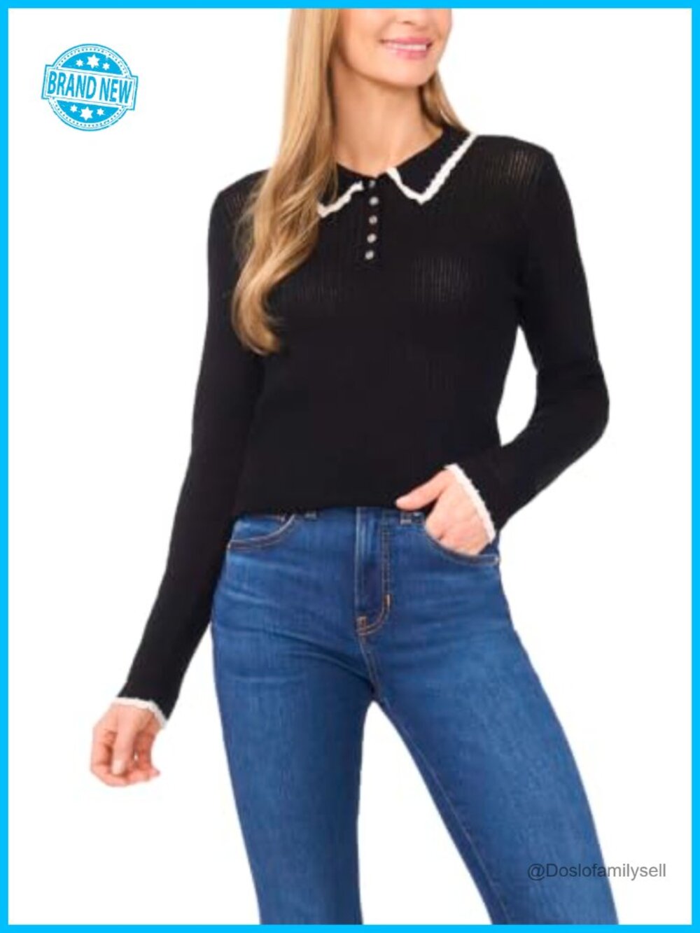 Pointelle Knit Collared Long Sleeve Polo Sweater with Trim